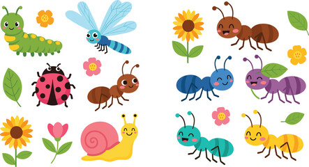 Cute Garden Insect Vector Element Set with Cartoon Caterpillar Dragonfly Ladybug Snail Sunflower and Colorful Ants for Kids Learning Designs © Ismail