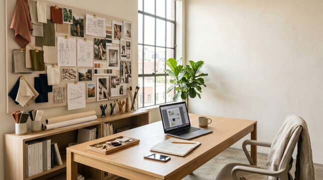 Cozy Home Workspace with Desk, Laptop and Memo Board