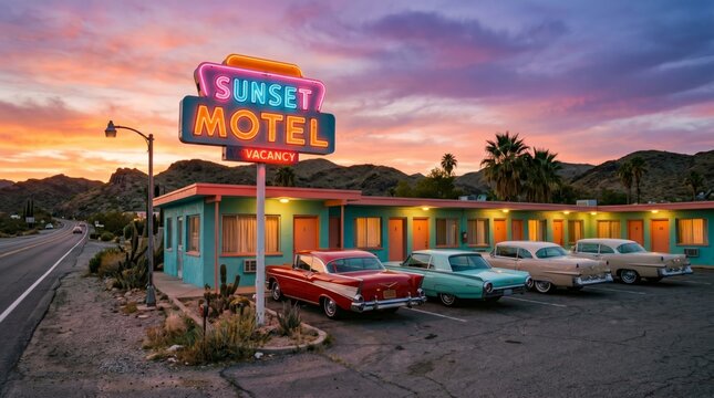 Retro Vintage Motel with Classic Cars at Sunset, 1950s&ndash;1960s Style