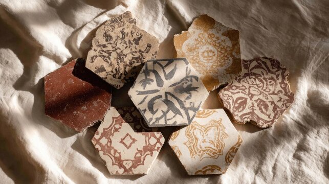 Unique hexagonal tiles showcase intricate patterns and warm eart