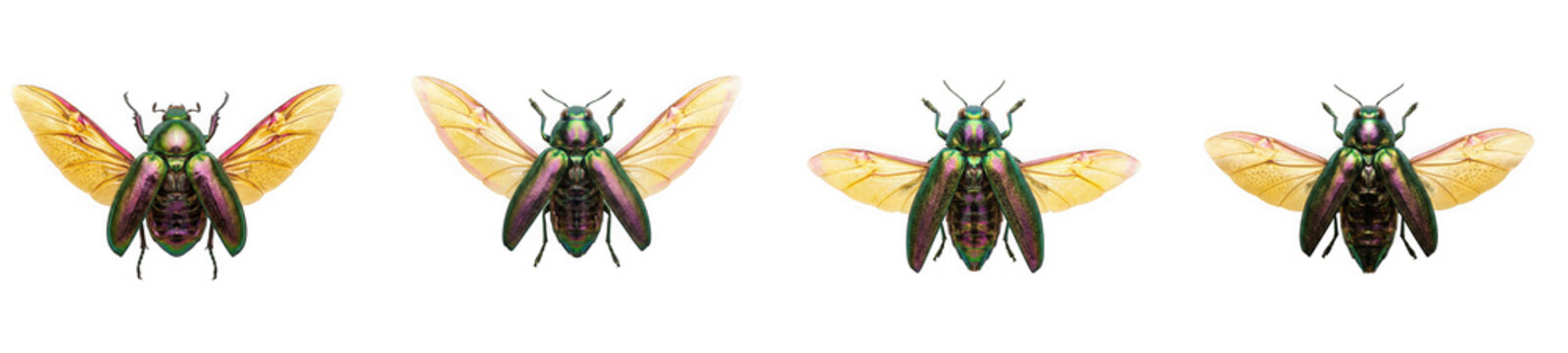 Four carpenter bees with yellow wings in flight, carpenter, wildlife isolated on transparent background