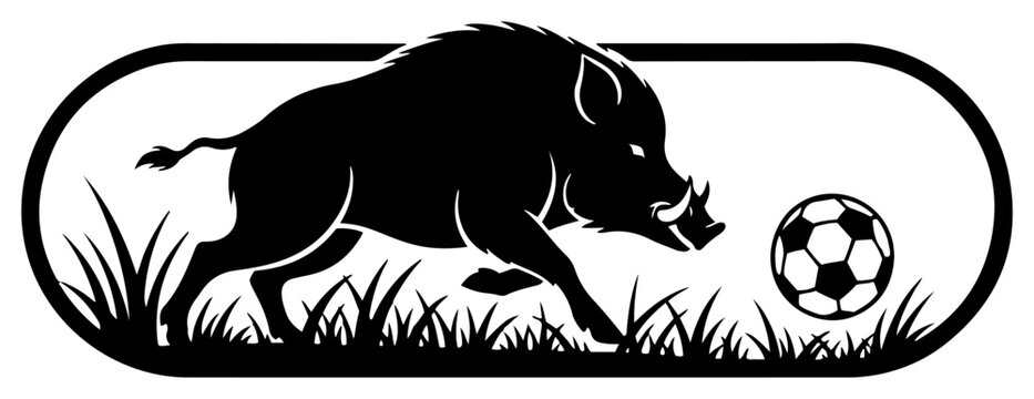 Wild boar charging next to a soccer ball inside a badge with grass elements