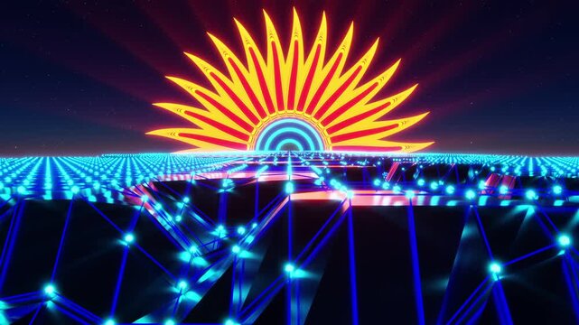 Retro Futuristic Synthwave, rough landscape, psychedelic sun, glowing grid, loop animation