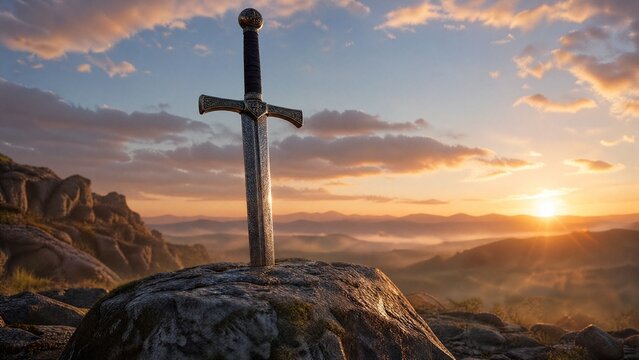 excalibur. Sword embedded in stone at dawn with morning dew on the blade. event programs, museum guides, designed for cultural heritage projects and event programs, elevates cultural identity.