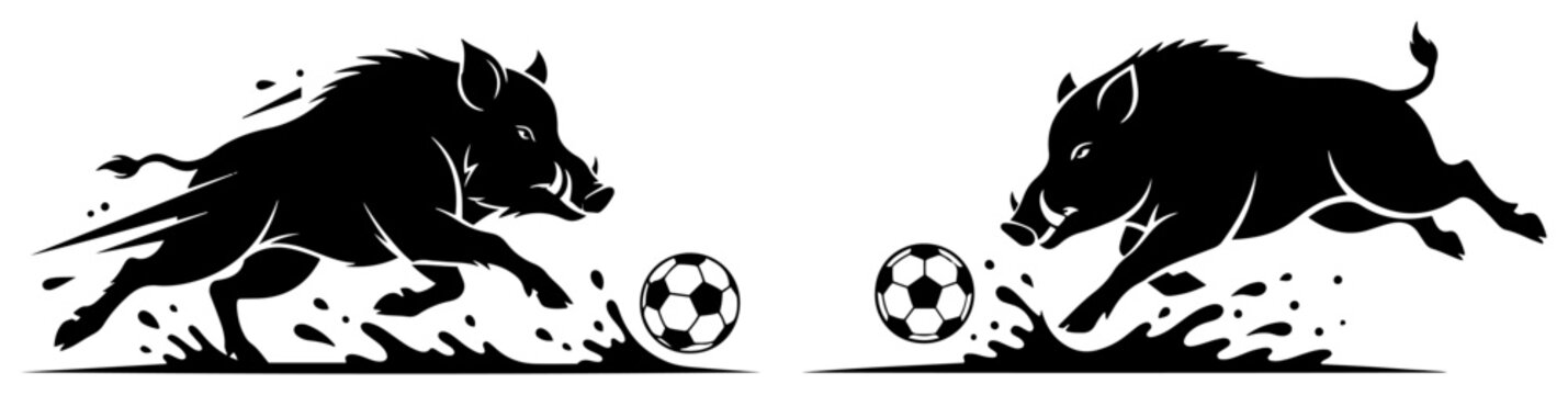 Wild boar charging towards soccer ball with mud splashes vector illustration