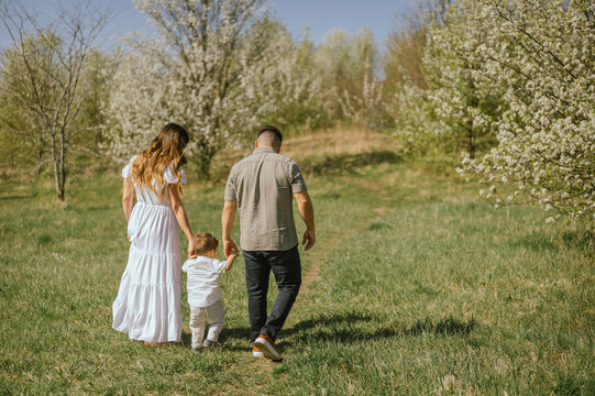 Family walking together in blooming spring orchard meadow