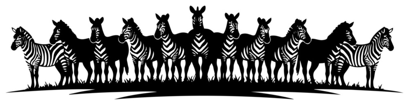 Zebra herd standing in a group in a graphic black and white style