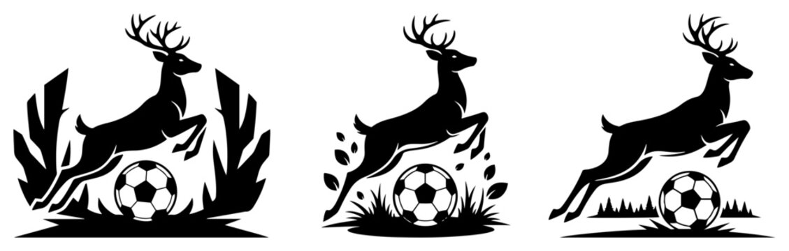 Deer jumping over a soccer ball in dynamic graphic black and white style