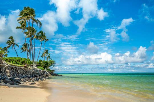 Tropical paradise view with turquoise water and white sand