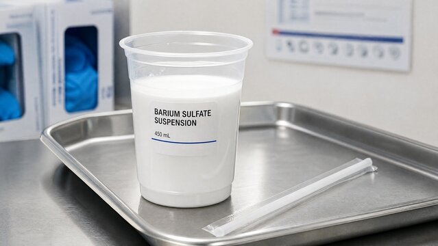 barium. White barium suspension in medical cup with straw, on sterile tray. bar promotions, beverage menus, designed for food & beverage menus and cafe branding, used by art directors.