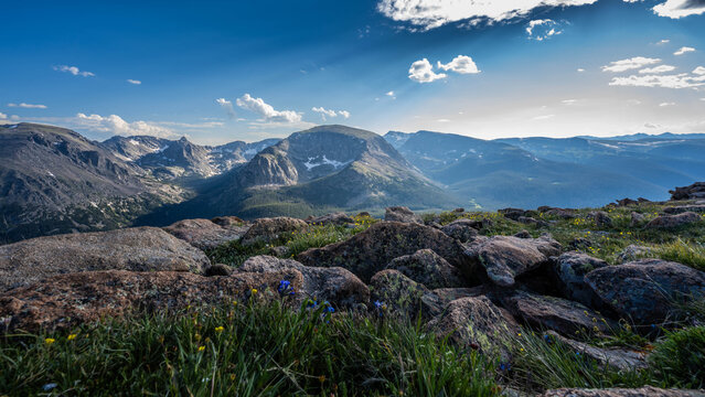 Scenic Rocky Mountain Landscape with Evergreen Hillside in Rocky