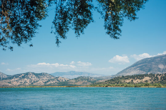 Mountain landscape over Lake Butrint in southern Albania