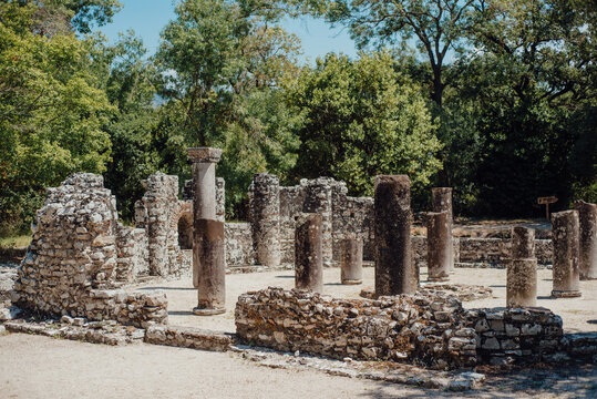 Ancient stone columns and baptistery ruins in UNESCO site of Butrint