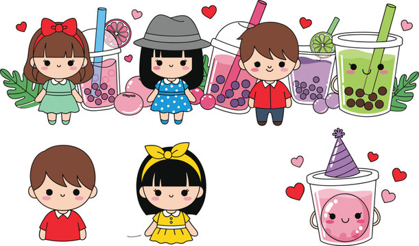 Cute Bubble Tea Vector Element Set with Chibi Cartoon Kids Characters Asian Boba Milkshake Cups and Tapioca Pearl Beverage Illustrations