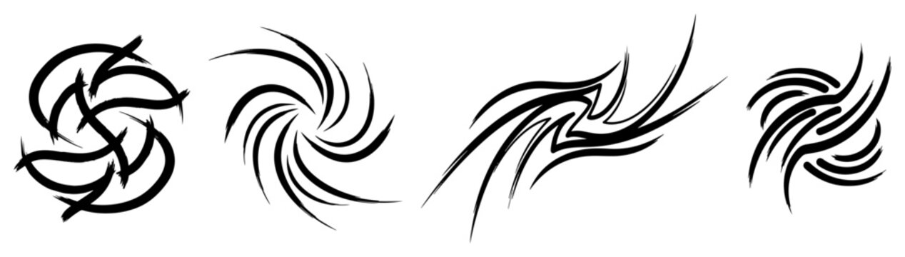 Tribal abstract swirl icons and vortex elements in minimalist black and white vector style