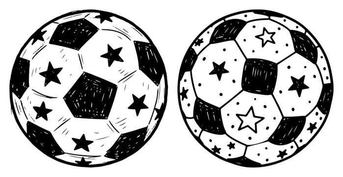 Soccer balls with star pattern and hand drawn details in black and white vector style