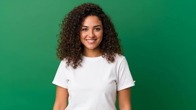 Smiling woman pointing forward with confident gestures