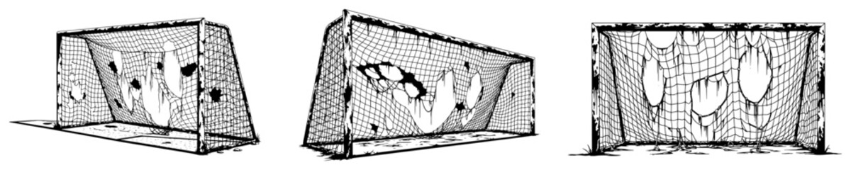 Broken soccer goal with torn net in grunge vector style © Wuszu