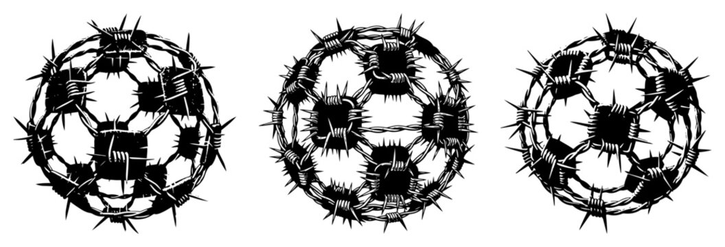 Soccer ball wrapped in sharp barbed wire vector illustration