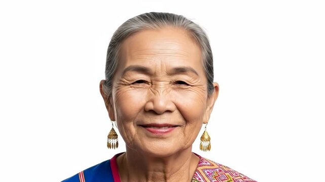 Elderly woman smiling with traditional earrings and patterned shawl