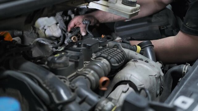 Close Up of Auto Mechanic Hands Repairing and Fixing Car Engine under the Hood in a Garage Workshop