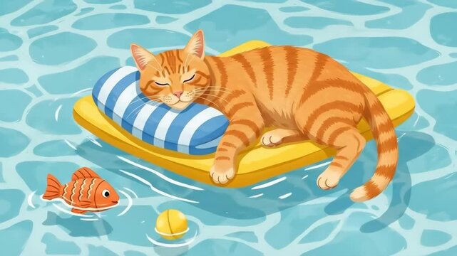 Relaxed tabby cat lounging on a pool floatie with a fish nearby