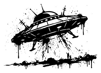 UFO flying saucer spacecraft with ink splatter and paint drips in grunge street art style © Wuszu