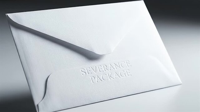 A 3D animation of a "Severance Package" envelope, symbolizing job termination benefits, appears with emphasis. AI Generated