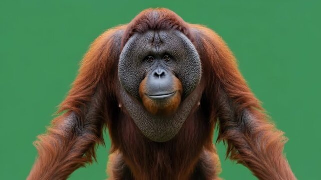 Orangutan standing upright with expressive face against green backdrop