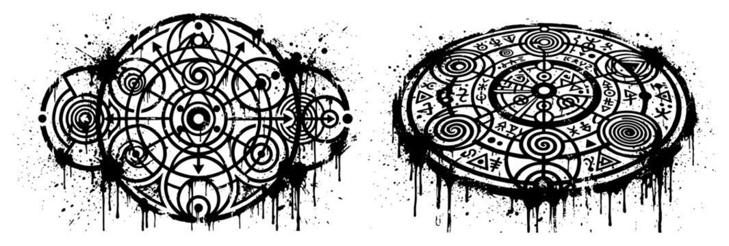 Mystical alchemical circles and sacred geometry symbols with ink splatters grunge style