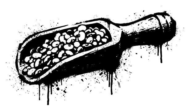 Wooden scoop filled with roasted coffee beans and ink splatters in grunge artistic style