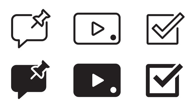 Message pin play button checkmark icons with thumbtack checkmark approval collection communication