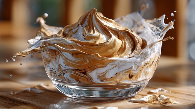 Tahini paste swirled with yogurt in a glass bowl. Creamy sesame seed condiment splashing for food presentation. Healthy gourmet ingredient for Mediterranean cuisine and cooking.