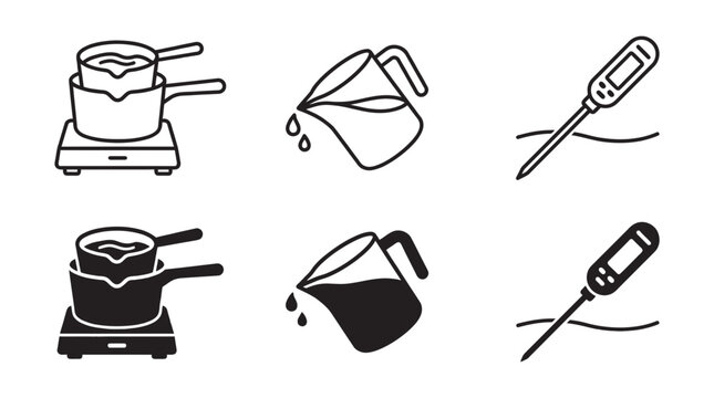 Set of icons depicting scientific equipment for precise measurements and heating with hot plate, double boiler