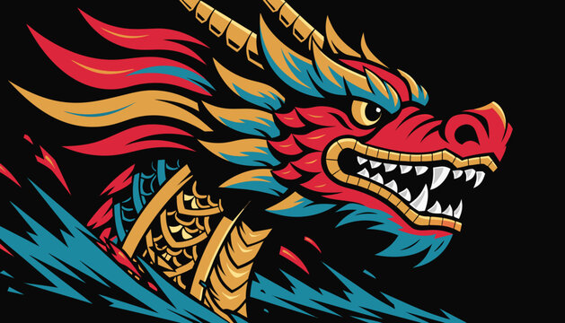 Detailed Dragon Boat Head Vector Graphic, Traditional Chinese Carved Wood Mascot with Water Splash