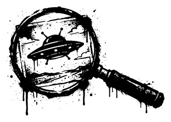 Magnifying glass focusing on a flying saucer UFO over hills vector grunge illustration © Wuszu