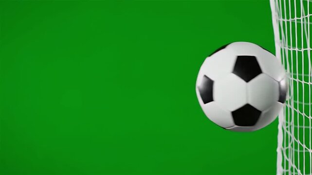 Soccer ball flying toward goal net on green screen background. ideal for sports.