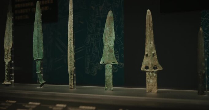 Various Bronze Spear And Dagger. Ancient Weapon. Museum Of Three Kingdoms Period. Wuhou