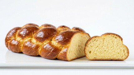 Fototapeta premium Braided Challah Bread on Plate Sliced.
