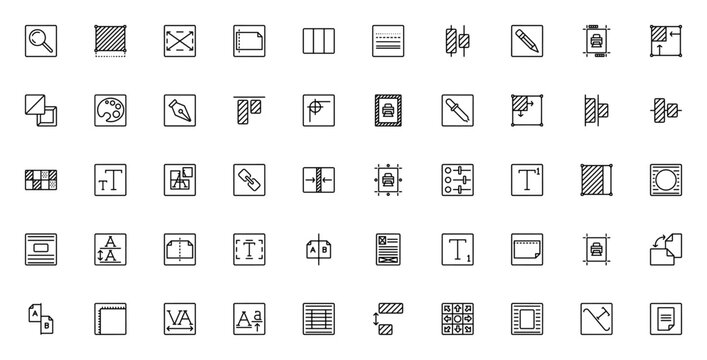 Desktop publishing icon set. Minimal line vector icons pack. Includes symbols for loupe, frame, file, columns, stroke, alignment, pencil, printer, crop, palette, pen, ruler, grid, text, translate, lin