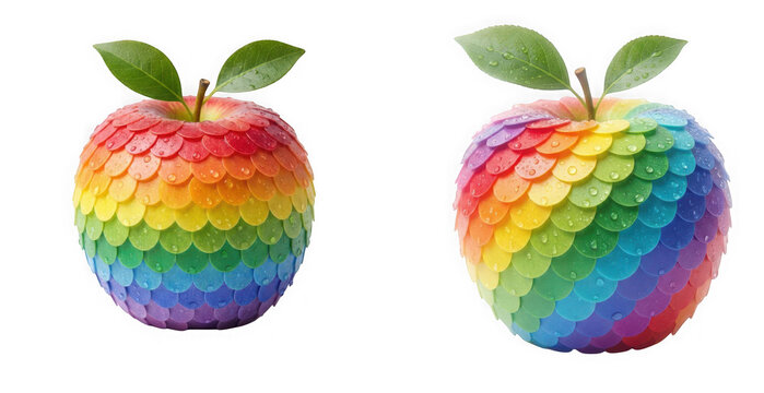 Two decorative apples with rainbow scale pattern and green leaves isolated on transparent background