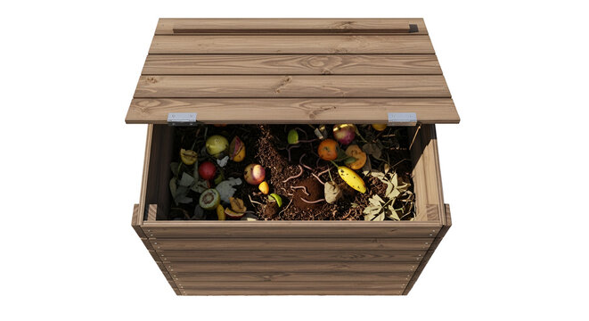 Wooden compost bin with organic food waste and worms for soil recycling