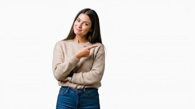 Smiling woman pointing upward with a confident gesture