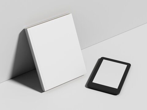 Blank White Front View Book and Ebook Reader Mockup 3D Rendering