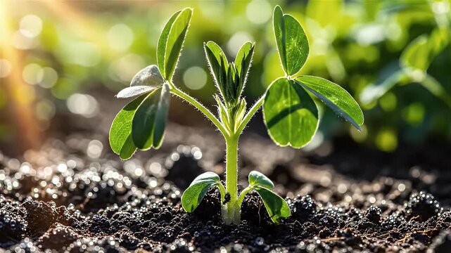A time lapse shows basil plants rapidly growing, with a beautiful lens flare. Alfalfa sprouts dynamically, illustrating the birth of new life.