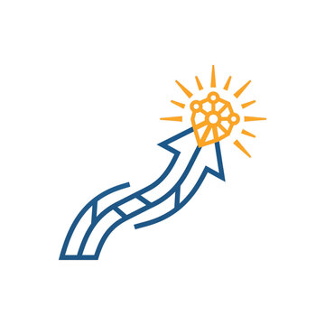 Arrow Formed by Parallel Lines Pointing to Glowing Molecular Node Icon Symbolizing Directed Scientific Research, Data Targeting, and Future Tech.