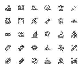 Extreme sports icon set. Minimal vector icons pack. Adventure and adrenaline collection. Featuring roller, snowboard, water ski, helmet, wingsuit, hang gliding, jet ski, kayak, raft, ski, snowmobile a © wang