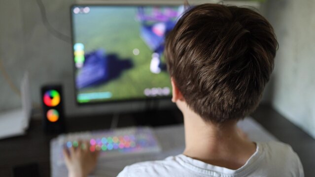 Teenage boy playing a computer game, rear view. Lifestyle, a gamer guy at the computer.