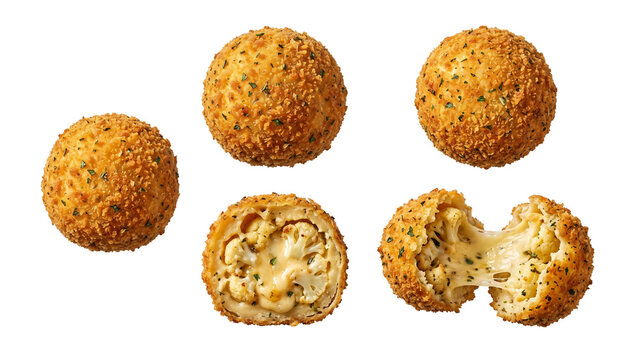 Baked Cauliflower Gouda Cheese Ball Snack Transparent PNG Isolated White Background Front Top Side Sliced Half Views Set