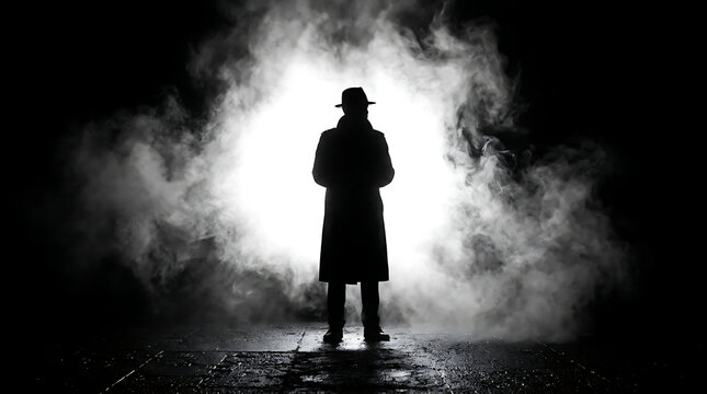 Silhouette of a person standing against backlight in smoke